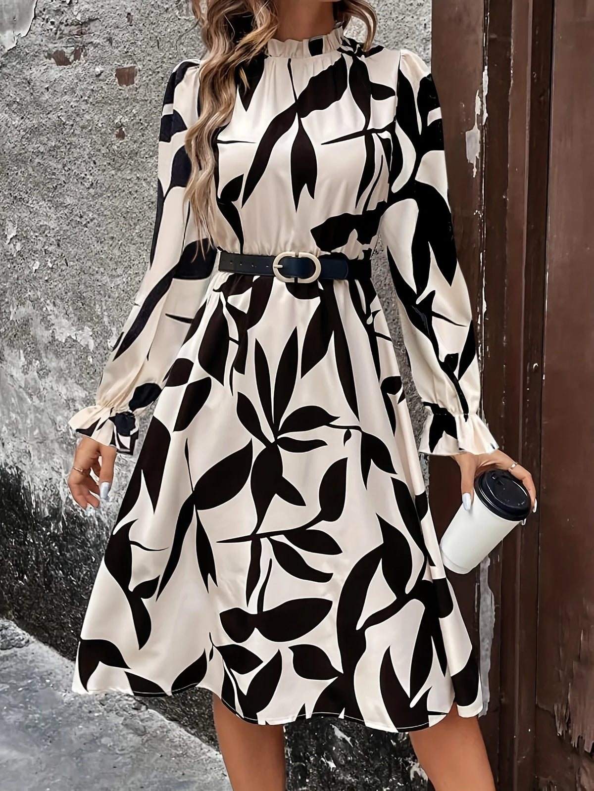 Autumn New Elegant Women Print Dress Casual Fashion Turtlneck Long Sleeve Vacation Long Dresses