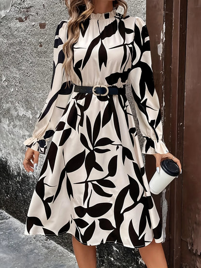 Autumn New Elegant Women Print Dress Casual Fashion Turtlneck Long Sleeve Vacation Long Dresses