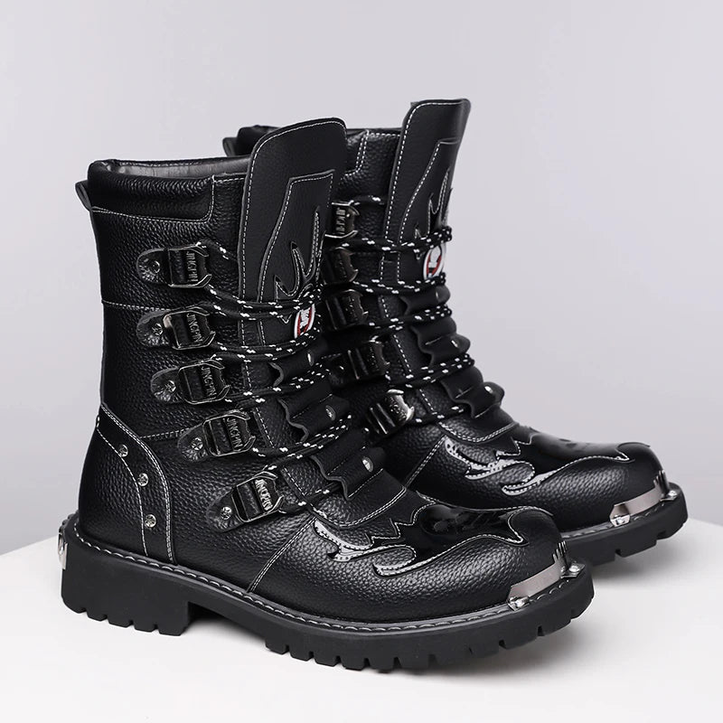 High Quality Men's Boots Fashion Punk Rock Style Motorcycle Boots Luxury Mid-Calf Leather Boot Mens Knight Boots Botas Masculino