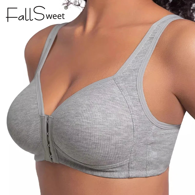 FallSweet Wire-Free Front Closure Bra for Women Seamless Full Coverage Bra Fixed Cups Large Size Comfort Underwear Mom Lingeries