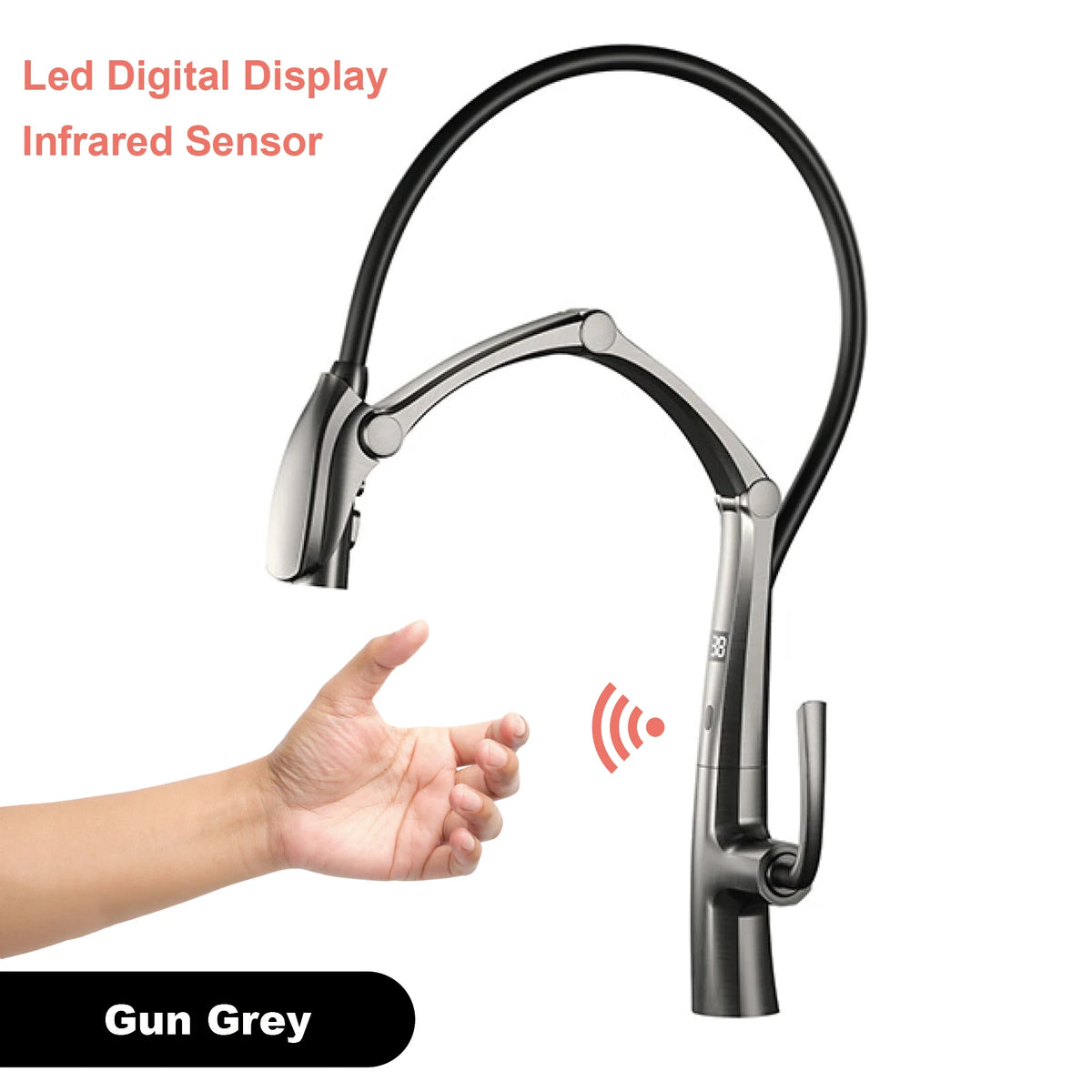 Luxury Gunmetal Brass Kitchen Faucet with LED Display,Sensor&Pull-Out 3-Function Spray,Touchless High Pressure Water-Saving Tap