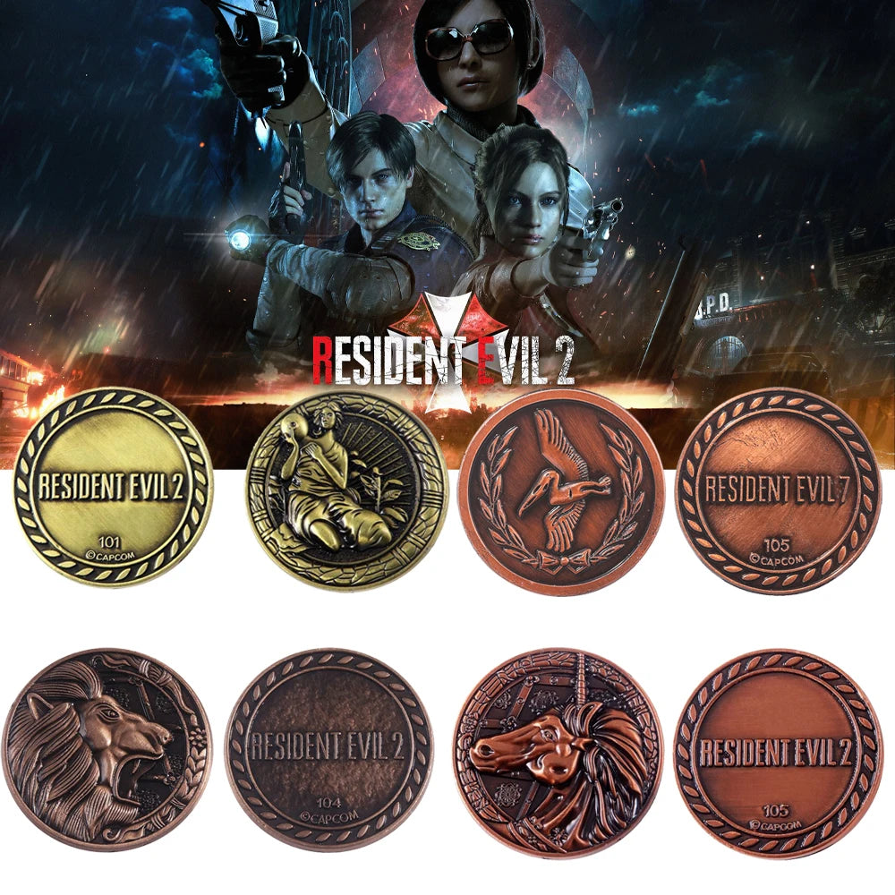 Residents Evils Commemorative Lion Badge Statue Decryption Coins Keychain RPD Raccoon City Police Station Keyring Unisex Jewelry