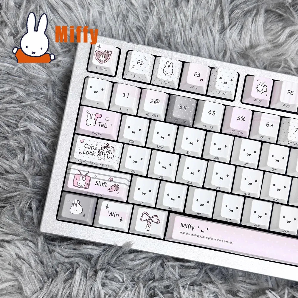 Kawaii Miffy Mechanical Keyboard Keycap Set Cute Rabbit Pastel Gray Pink PBT Dye-Sublimation Desk Accessory Office Girl Gift