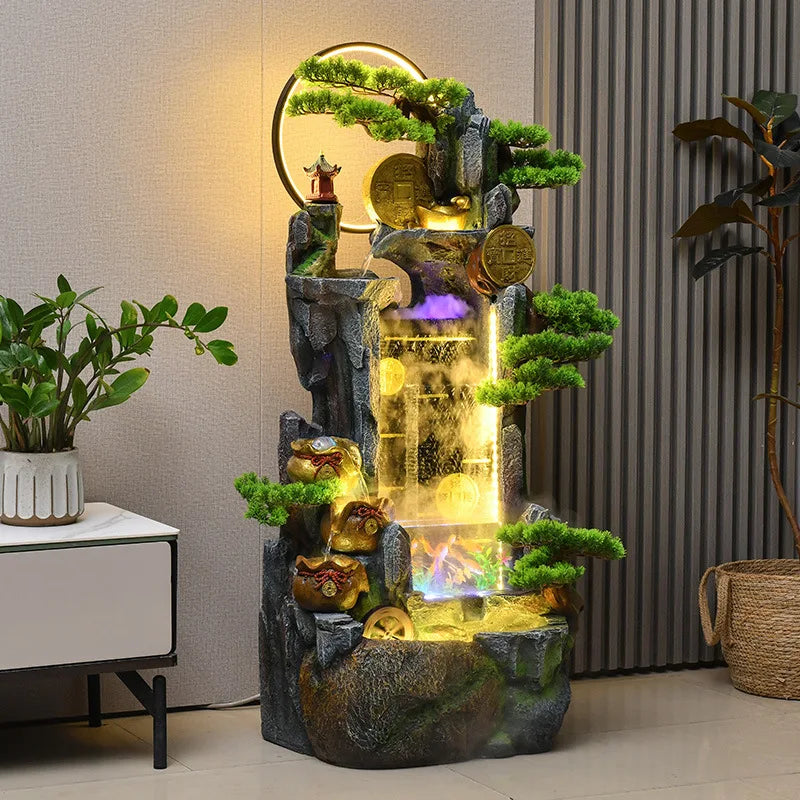 HYS rockery fish tank fountain ornament with flowing water and decorative plants for home and office decoration.