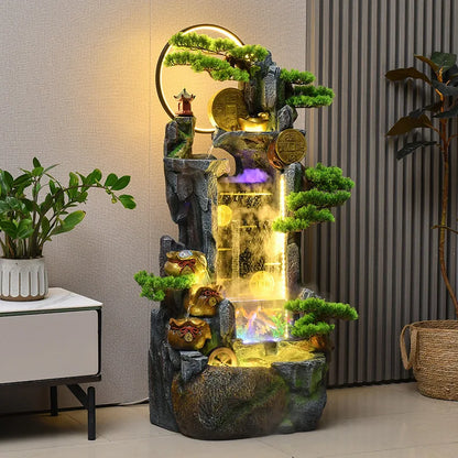 HYS rockery fish tank fountain ornament with flowing water and decorative plants for home and office decoration.