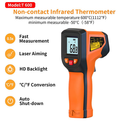Digital Infrared Thermometer Sensor Handheld Non-contact IR LCD Backlit Display Laser Temperature Gun 600 °C for Household
