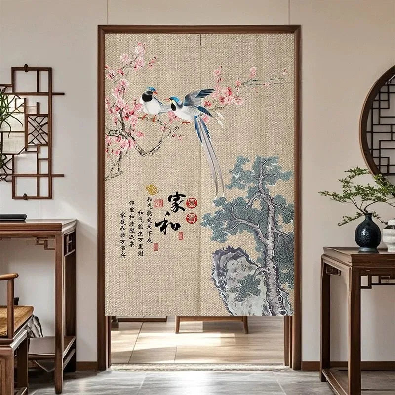 VIKAMA Chinese Zen Style Noren Door Curtain - Linen Texture Noren Curtain for Home Bedroom Kitchen Partition Decor
