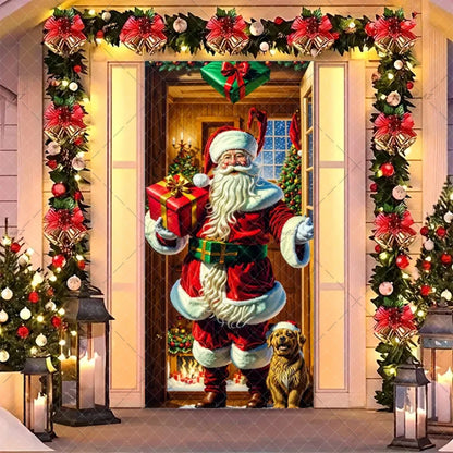 Christmas Humorous Santa Claus And Elk Door Banner Party Decorations Indoor Outdoor Veranda Door Cover Supplies Festive Gifts