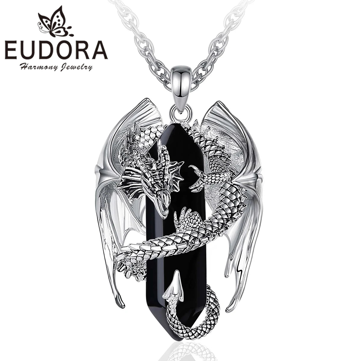 Eudora Dragon Twining Hexagonal Obsidian Prismatic Necklace Punk Healing Stone Crystal Pendant Personality Jewelry Gift for Man