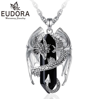 Eudora Dragon Twining Hexagonal Obsidian Prismatic Necklace Punk Healing Stone Crystal Pendant Personality Jewelry Gift for Man