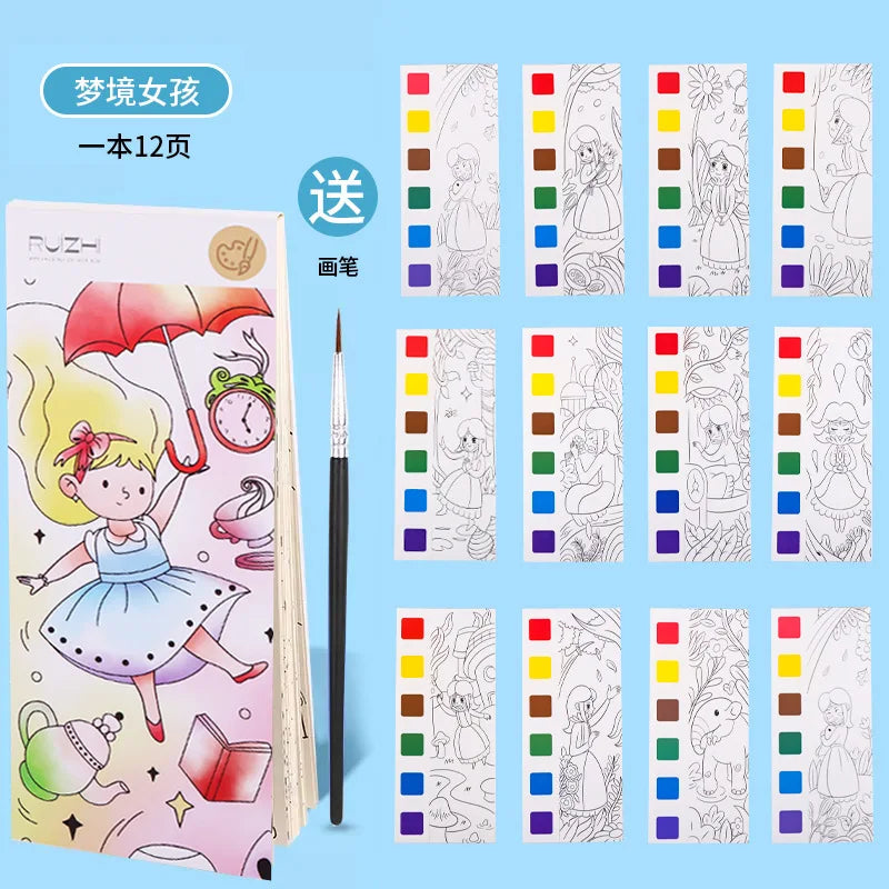 12 pages New Children's Watercolor Coloring Book,Student Coloring And Drawing Book, With Built-in Watercolor Paint Pens