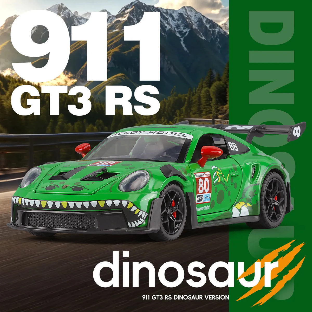 1:32 Porsche 911 GT3 R Rexy T-Rex Livery AO Racing Car Pull Back Toy with Light & Sound Drop Resistant Decor Gift for Collectors