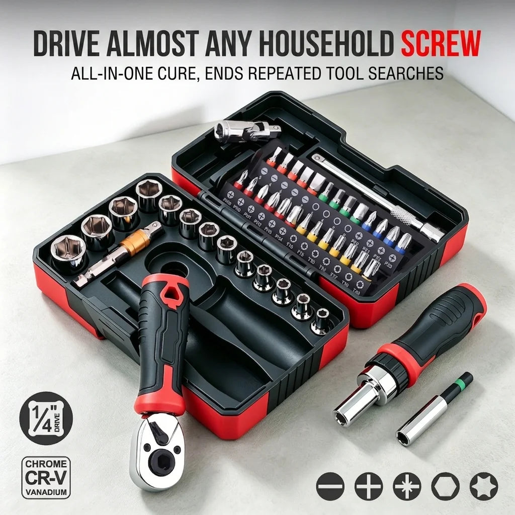 TINSOL 45PCS 1/4 Inch Drive Ratchet Screwdriver Socket Bit Set 72 Tooth CR-V Magnetic Bit Driver Auto Home Repair Tool Kit Case