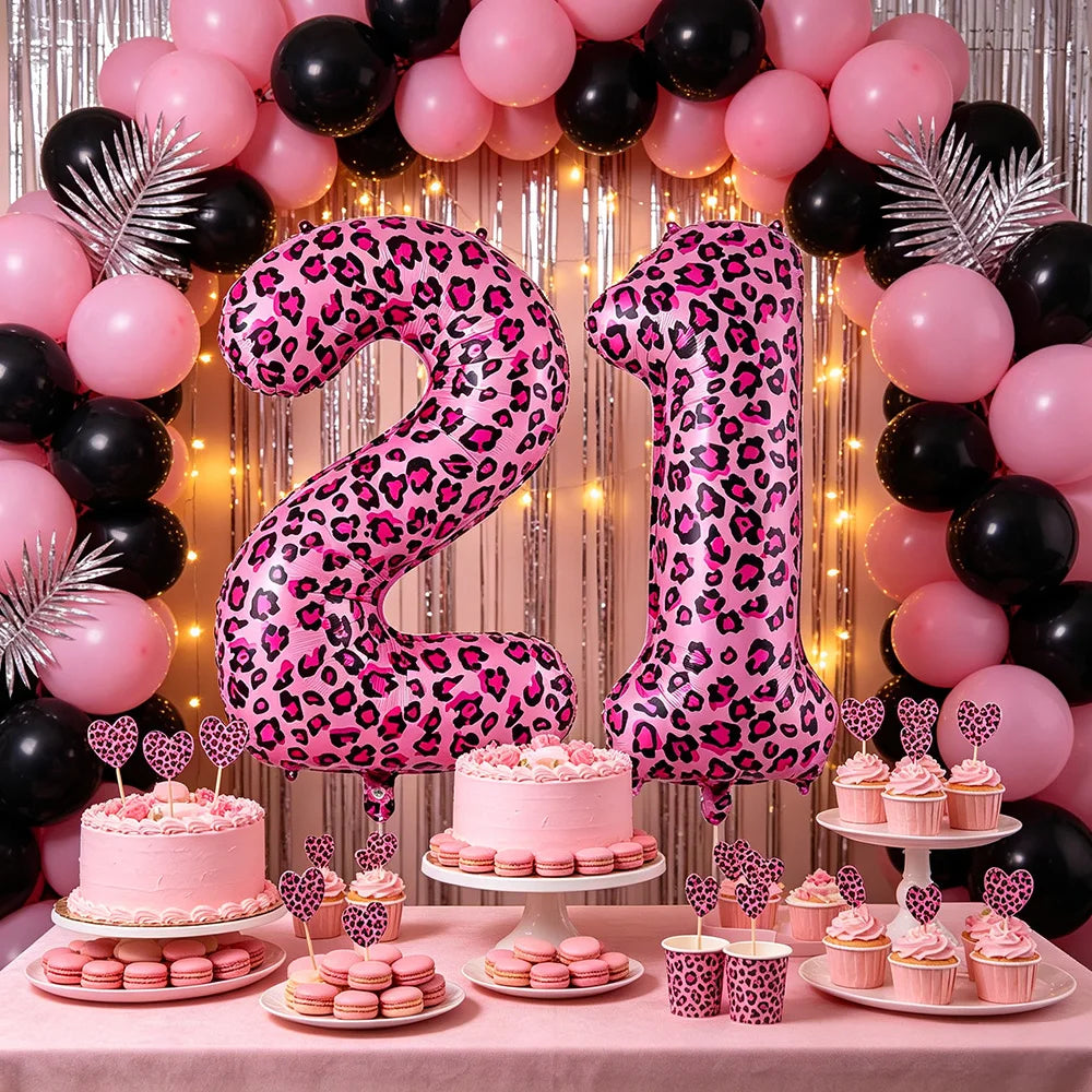 32 Inch Pink Leopard Print Number Foil Balloon 0‑9 Digit Balloon Wild Animal Helium Balloon for Birthday Anniversary Party Decor
