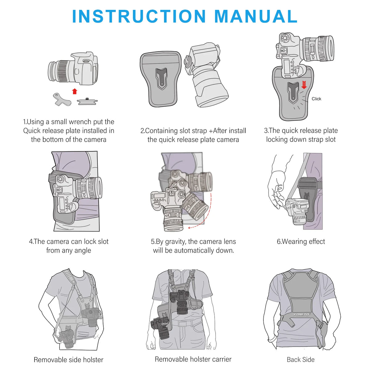 FOMITO Dual Camera Harness Multi Carrying Chest Vest System with Side Holster for Canon Nikon Sony Olympus DSLR Camera