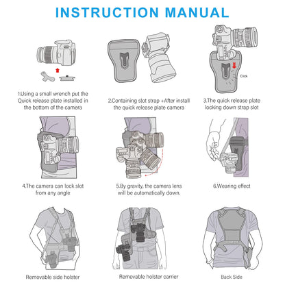 FOMITO Dual Camera Harness Multi Carrying Chest Vest System with Side Holster for Canon Nikon Sony Olympus DSLR Camera