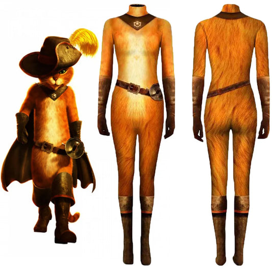 Adult Kids Puss Costume Cat in Boots Cosplay Bodysuit Onesie Unisex Puss Jumpsuit Cloak Halloween Outfits