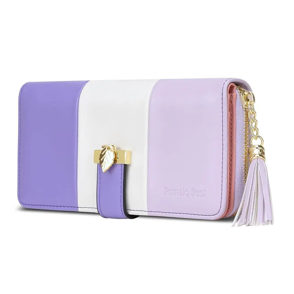 Pomelo Best Tri‑Color Women's Wallet PU Leather Long Zipper RFID Blocking Large Capacity 9 Card Slots Tassel Pendant Fits Phone