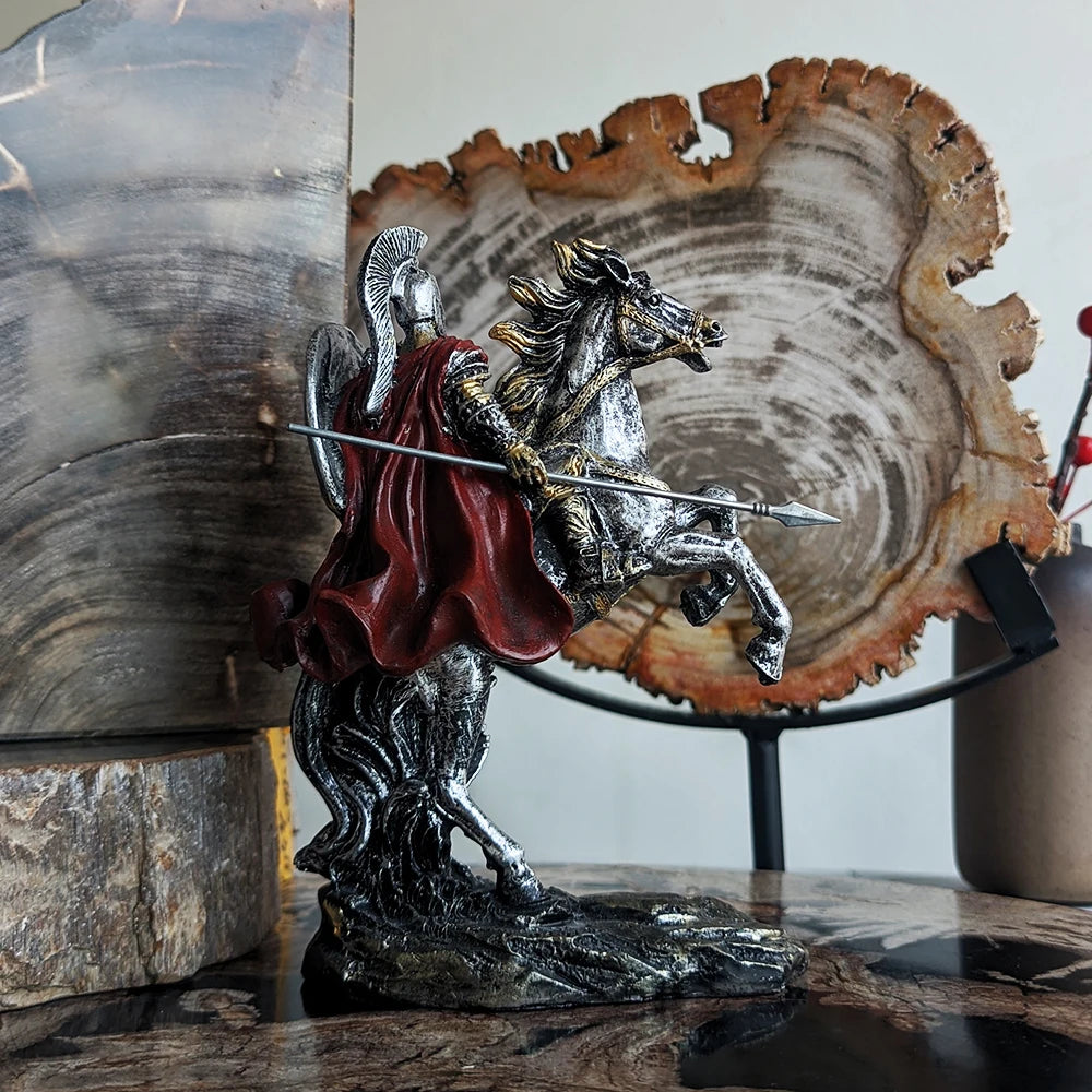 Spartan Resin Warrior Figure Home Office Decor Tabletop Ornament with Horse Figurine Livingroom Decoration