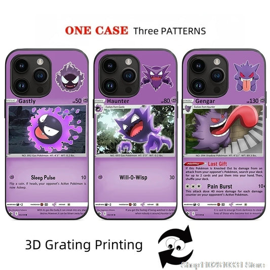 3D Grating Card Pokemon Gengar Phone Case for iPhone 16 15 14 13 12 11 17 Pro Max Plus Mini Air Gastly Haunter shockproof Cover