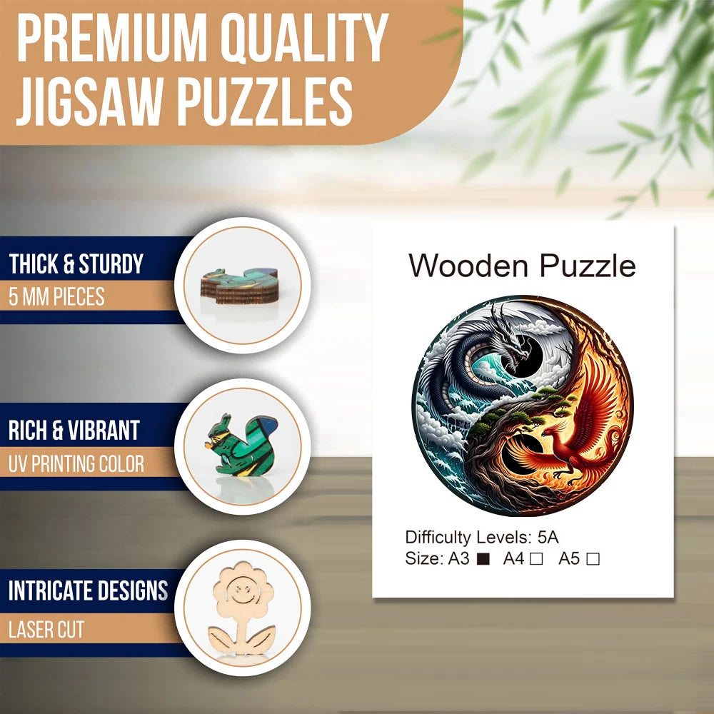 Dragon and Phoenix Theme Wooden Puzzle, Uniquely Irregular Animal Shaped Toys, Creative Handmade Decorations, Holiday GifT