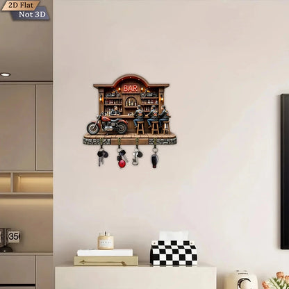 2D Flat, 1pc, Motorcycle Bar Theme Key Hook, Wooden Multifunctional Home Key Rack, with Four Metal Hooks, Wall Decoration,