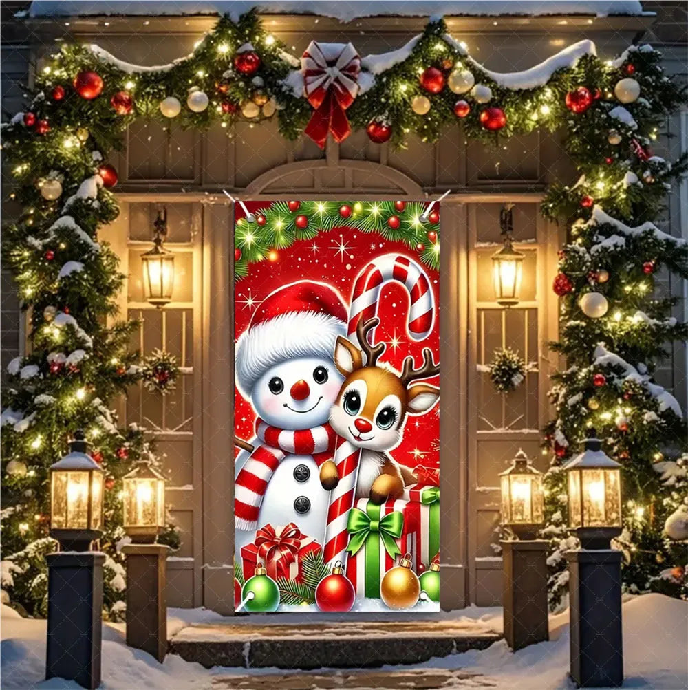 Christmas Theme Santa And Elk Backdrops Snowman Hanging Door Banner Indoor Outdoor Veranda Xmas Curtain Cover Festive Supplies