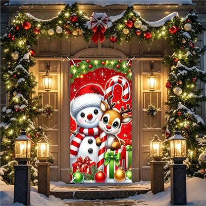 Christmas Theme Santa And Elk Backdrops Snowman Hanging Door Banner Indoor Outdoor Veranda Xmas Curtain Cover Festive Supplies