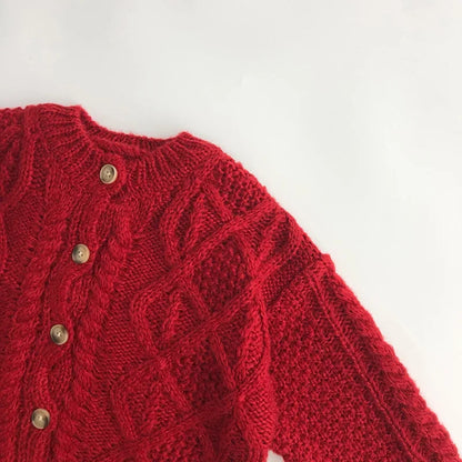 Vintage Cable Knit Toddler Girl Cardigan Red Metal Button Crew Neck Sweater 1-6Y Girls Autumn Winter Warm Knit Outerwear