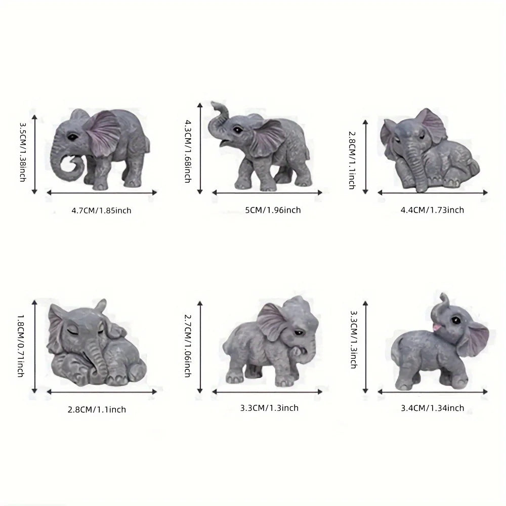 6pcs Resin Elephant Sculpture for Bonsai Micro Landscape DIY Table Cabinet Home Cake Decoration Micro Garden Making Craft Decor
