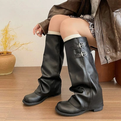 French Chic Women Foldover Knee High Boots Slouchy Wedge Slip On Shoes Black Khaki Round Toe Buckle Strap Moto Boots
