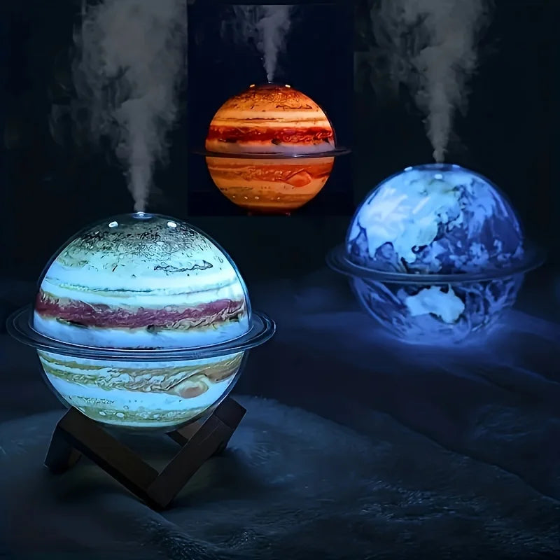 Creative planet USB aromatherapy humidifier with LED lights, featuring mist discharge and colorful light effects.