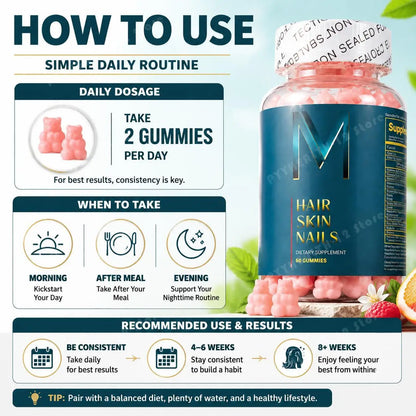 Hair Skin Nails Gummies with Biotin and Zinc, Vitamins A C D2 and E, Plus B6 and B12 for Radiant Healthy Skin, 60 Gummies