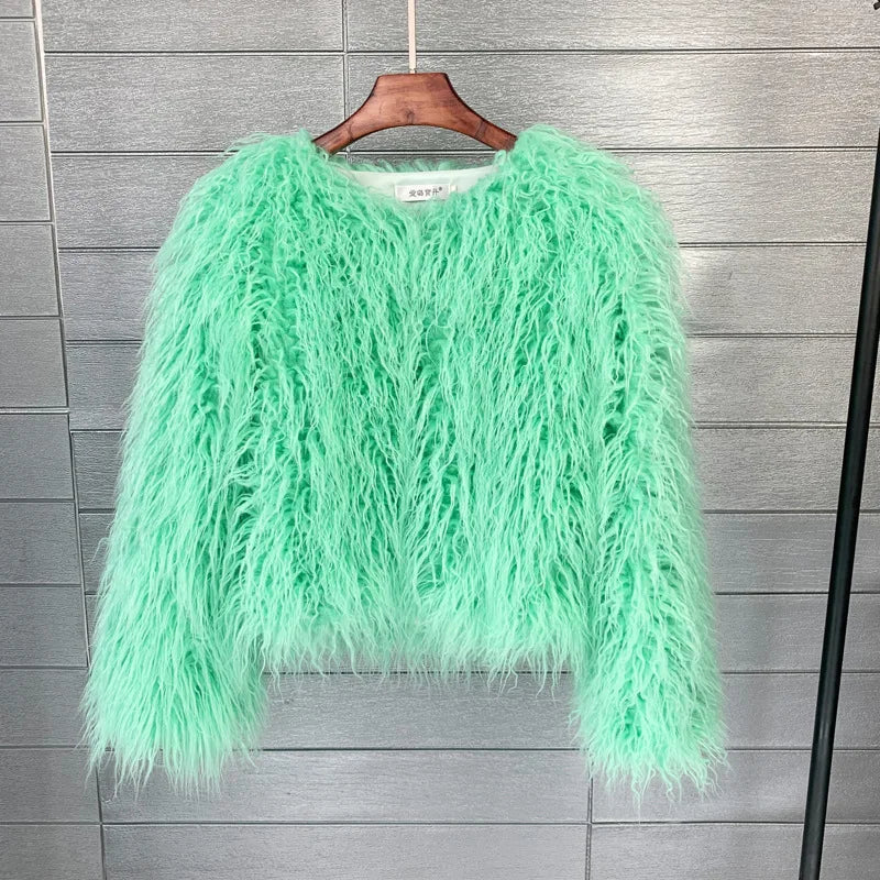 Women's Fur Coat Colorful Furry Pink Lamb Wool Faux Fur Coat Female Shaggy Sheepskin Coat Winter Artificial Fur Jacket