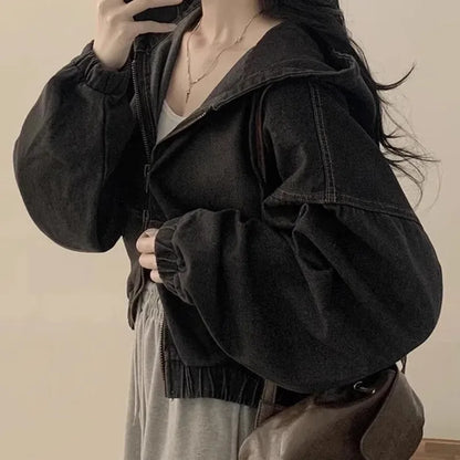 Korean Lazy Chic Autumn Retro Style Zipper Universal Loose Casual Long Sleeve Hooded Short Light Denim Jacket
