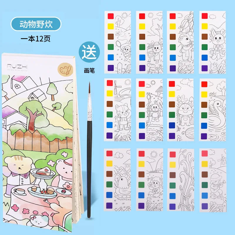 12 pages New Children's Watercolor Coloring Book,Student Coloring And Drawing Book, With Built-in Watercolor Paint Pens