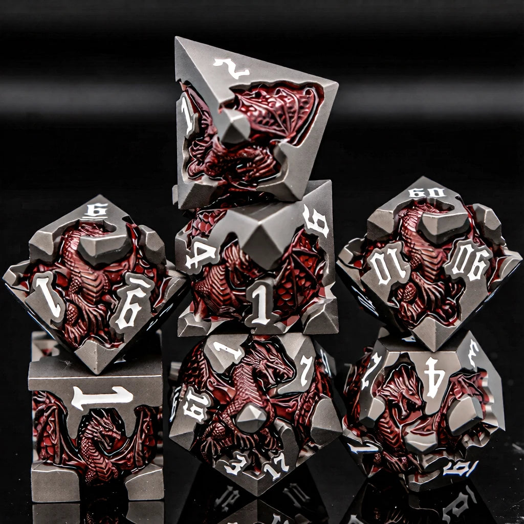 Dragon DND Metal Dice Set D6 D&D Dungeon and Dragon Pathfinder Table Role Playing Game Black Red RPG Polyhedral D20 D and D Dice