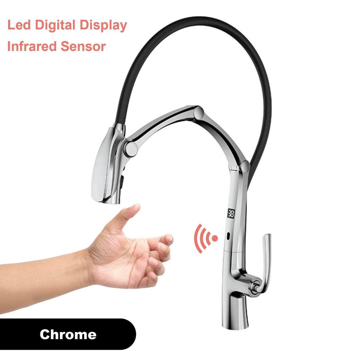 Luxury Gunmetal Brass Kitchen Faucet with LED Display,Sensor&Pull-Out 3-Function Spray,Touchless High Pressure Water-Saving Tap