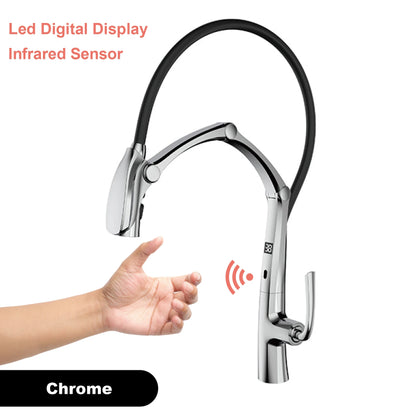 Luxury Gunmetal Brass Kitchen Faucet with LED Display,Sensor&Pull-Out 3-Function Spray,Touchless High Pressure Water-Saving Tap