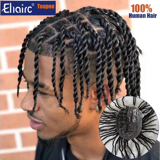 Men's capillary prothesis 6" Twist Crochet Braids Durable Knotted PU Afro Toupee for Black Men Men Wigs For Men 100% Human Hair