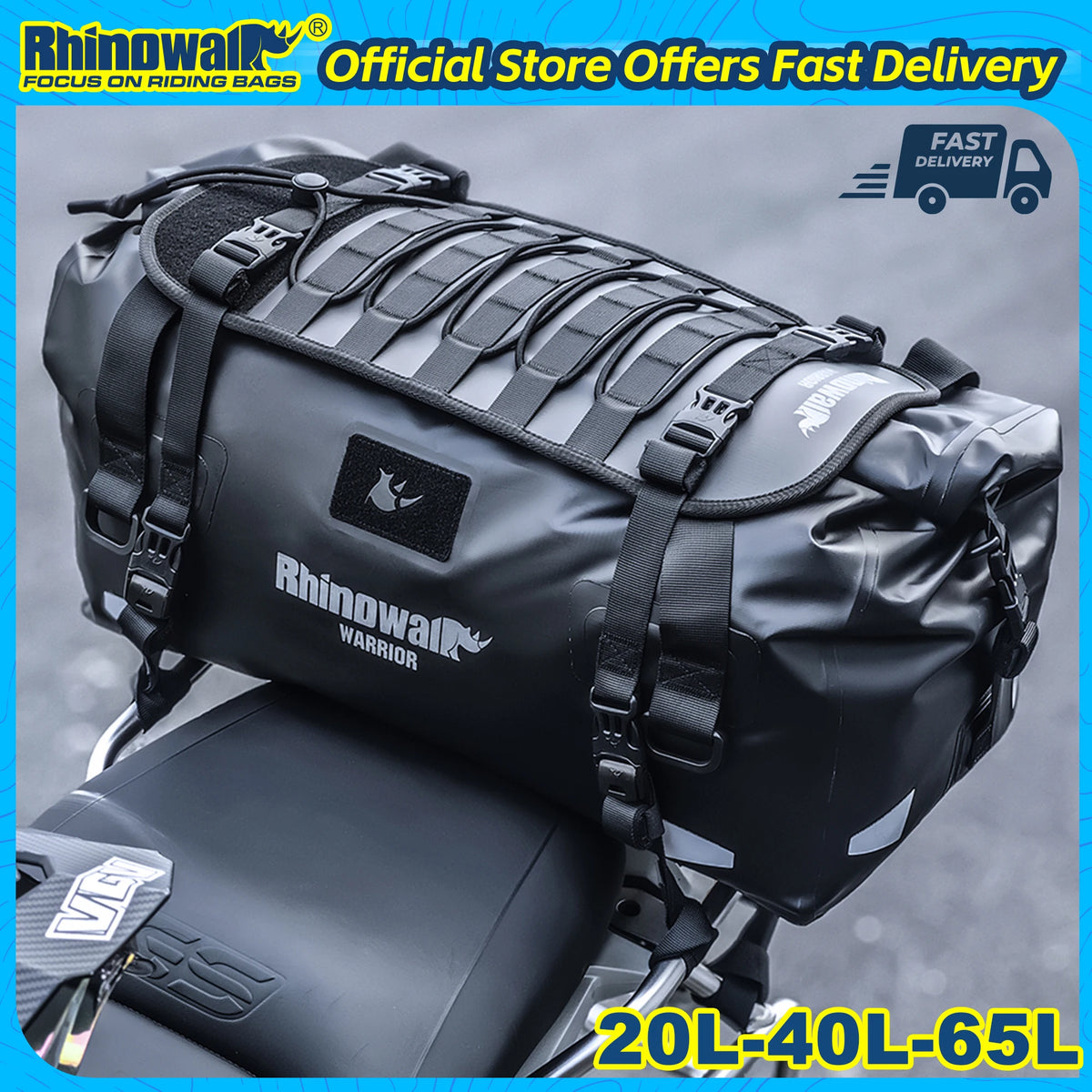 Rhinowalk Motorcycle Saddle Bag 20L/40L/65L Waterproof Motor Tail Seat Storage Backpack Luggage With MOLLE Expansion Panel