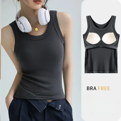 Seamless Built-in Bra Tank Top for Women Wirefree Sports Bra Summer Sleeveless Shirt, Breathable Workout Vest with T-Shirt Combo