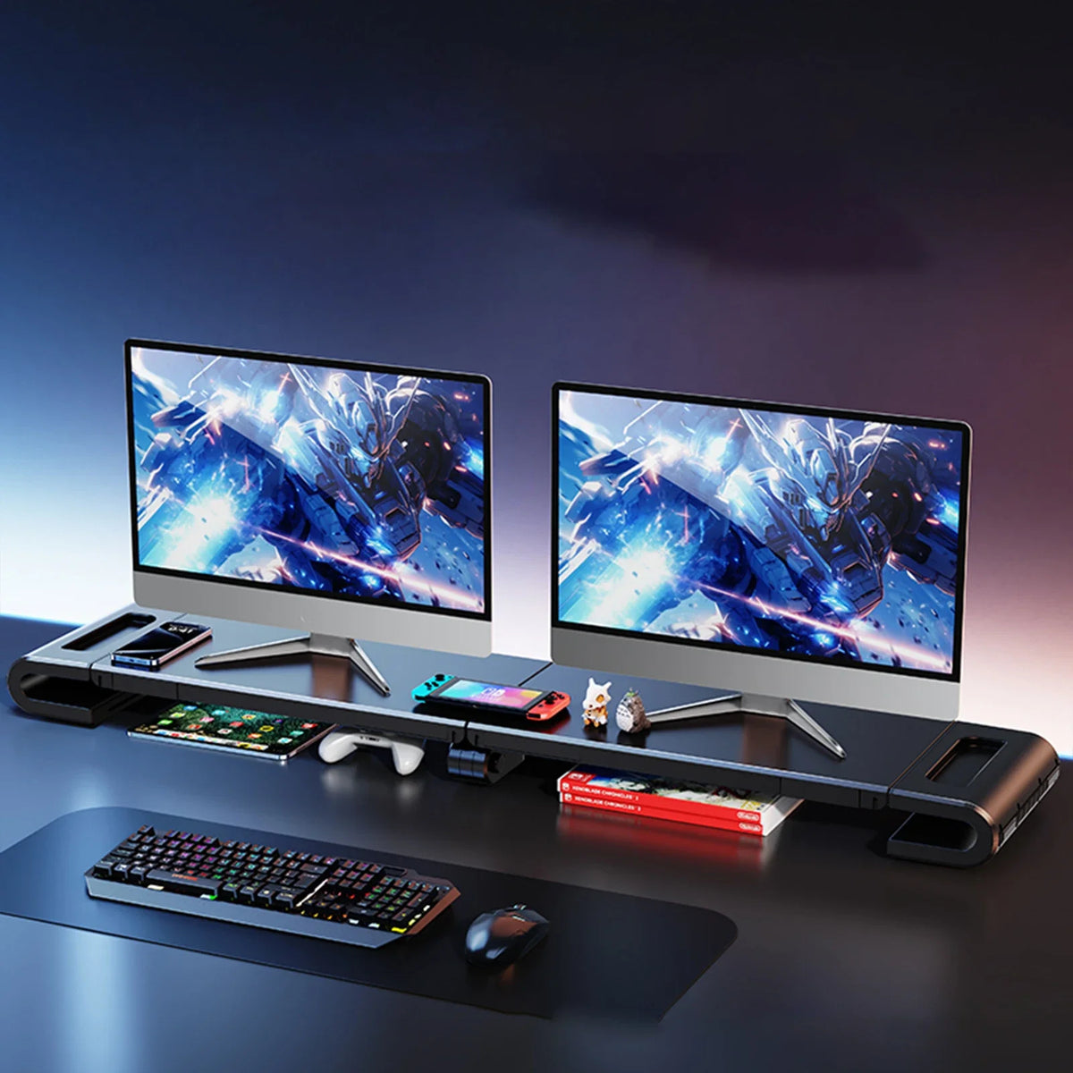 Eary Dual Monitor Stand Riser Length Adjustable Laptop Monitor Desktop Organizer Stand with Phone Tablet Holder for Home Office