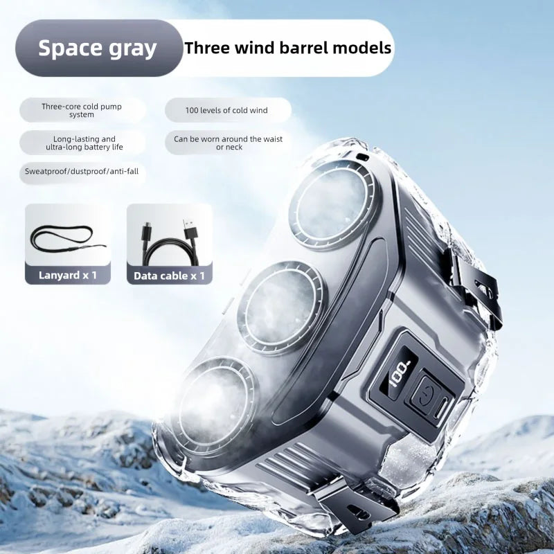 Outdoor portable neck-hanging fan with strong wind, built-in rechargeable battery, long-lasting cooling