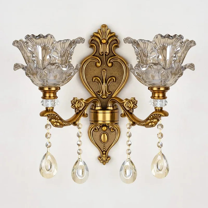 European Style Retro Crystal Glass Wall Lamp Dual Head Living Room Bedroom Bedside Lamp Corridor Corridor Wall Lamp