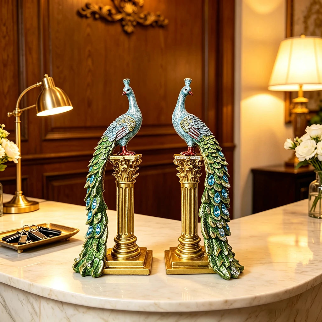 Luxury Couple Peacock Statue Resin Sculpture Gold Column Bird Figurine Home Decor Elegant Living Room Desk Ornament Gift