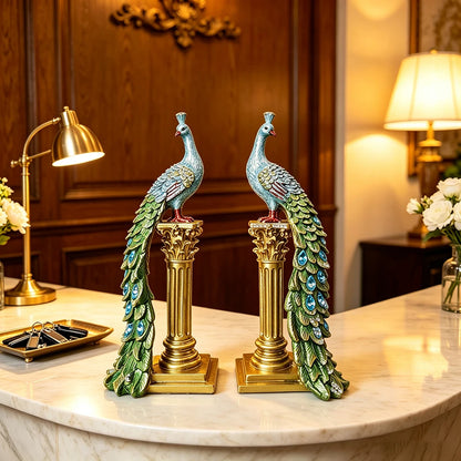 Luxury Couple Peacock Statue Resin Sculpture Gold Column Bird Figurine Home Decor Elegant Living Room Desk Ornament Gift