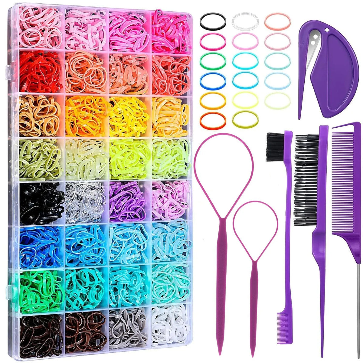 24-Color Hair Ties 1500Pcs Boxed Hair Ties Hair Extractor Hair Needle Pointed Tail Comb Hair Braiding Tools