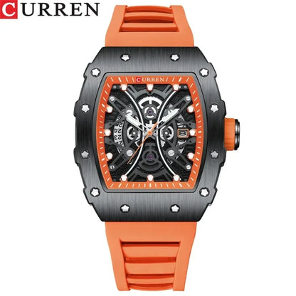 Curren 8438 Luxury Silicone Strap Men's Quartz Wristwatches Waterproof Square Sports Watch with Calendar Function