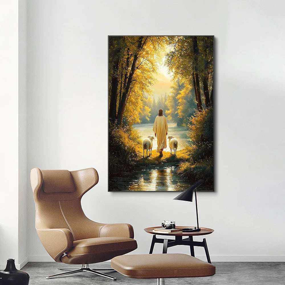 Graffiti Christian Jesus With Child Art Posters Christian Faith Jesus Walking In Flower Field Canvas Painting Bedroom Home Decor